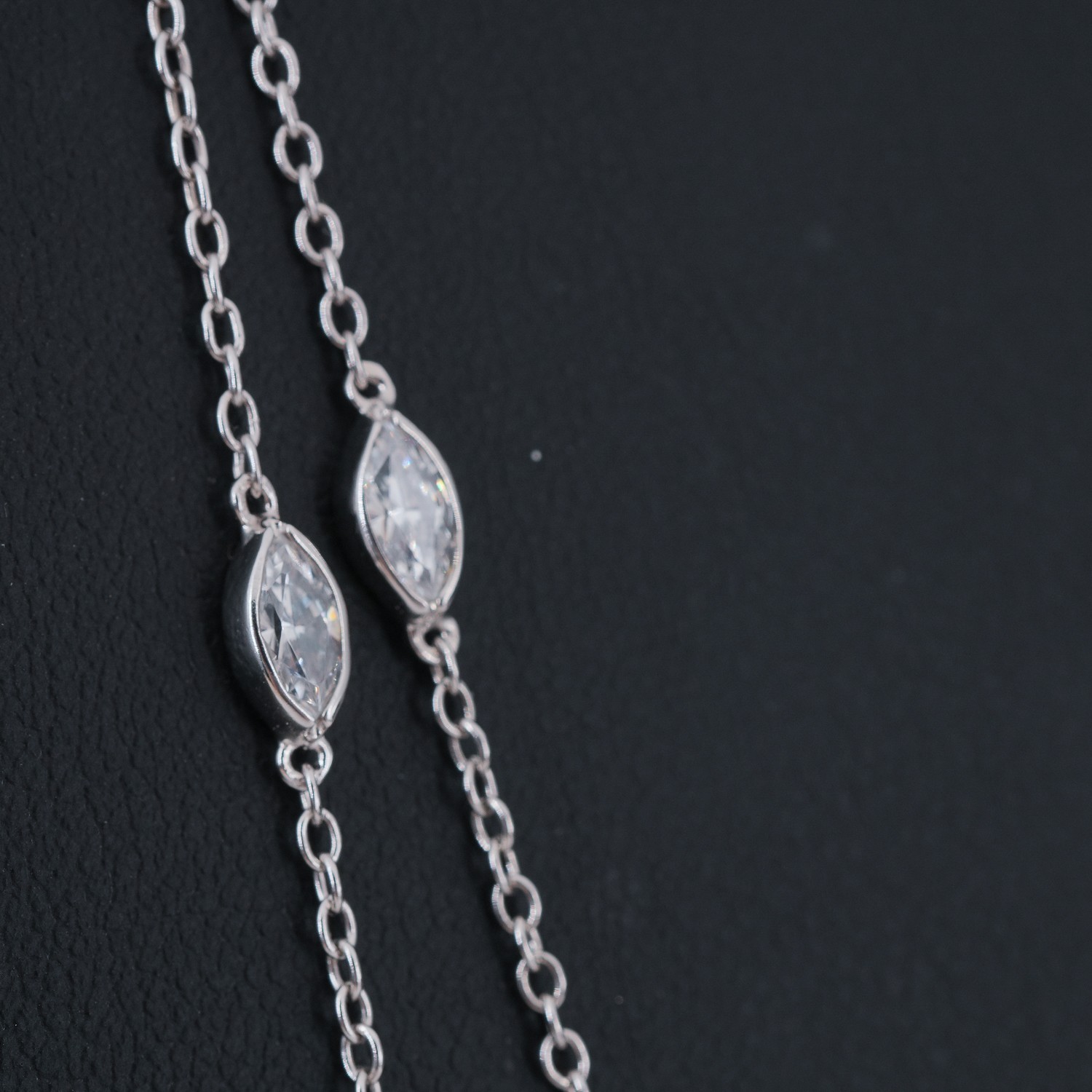 Sterling Silver CZ-by-the-Yard Station Necklace Marquise Round Open Bezel 36″