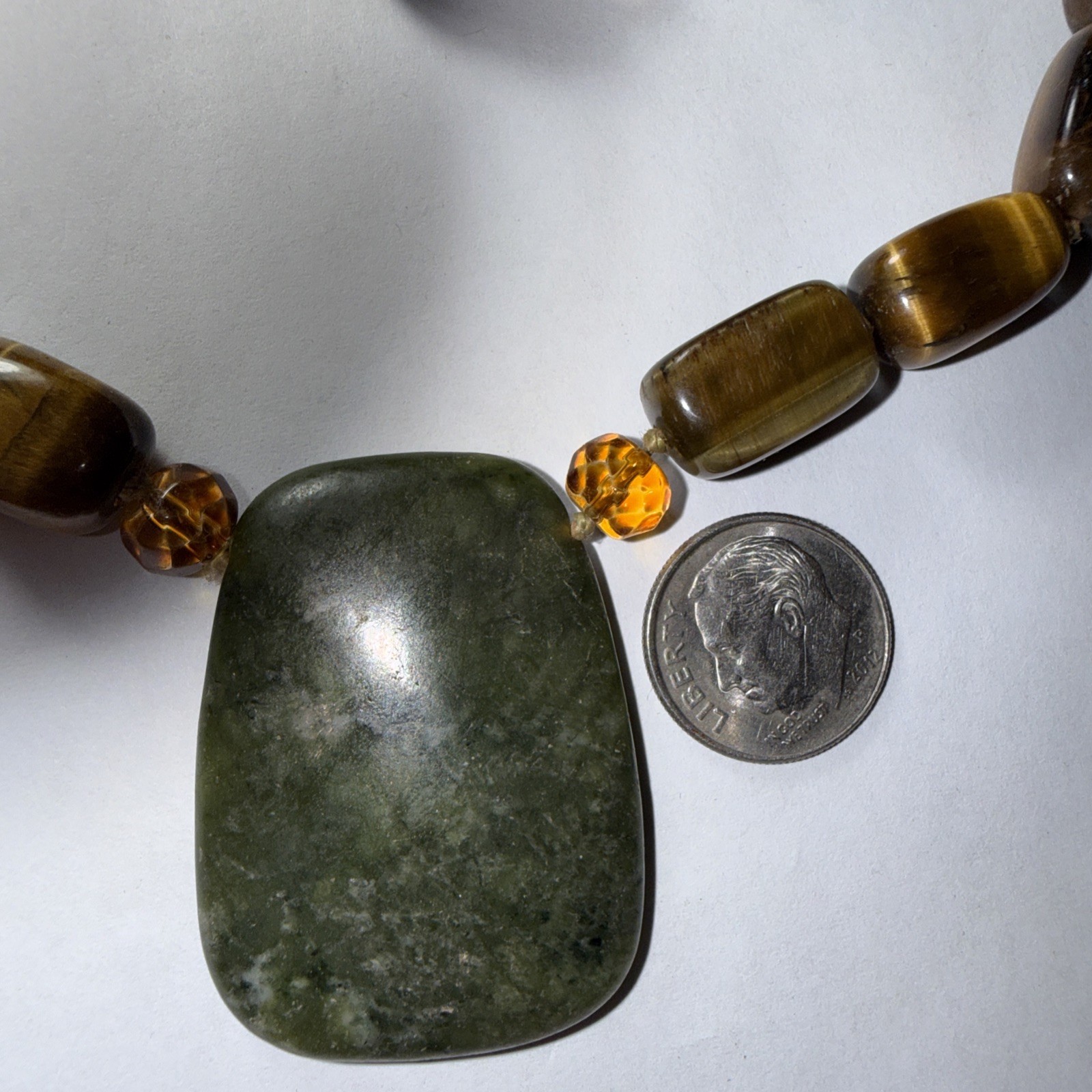 Necklace Big Jade Pendant Big Tigers Eye Beads Faceted Citrine Crystal 17” Old