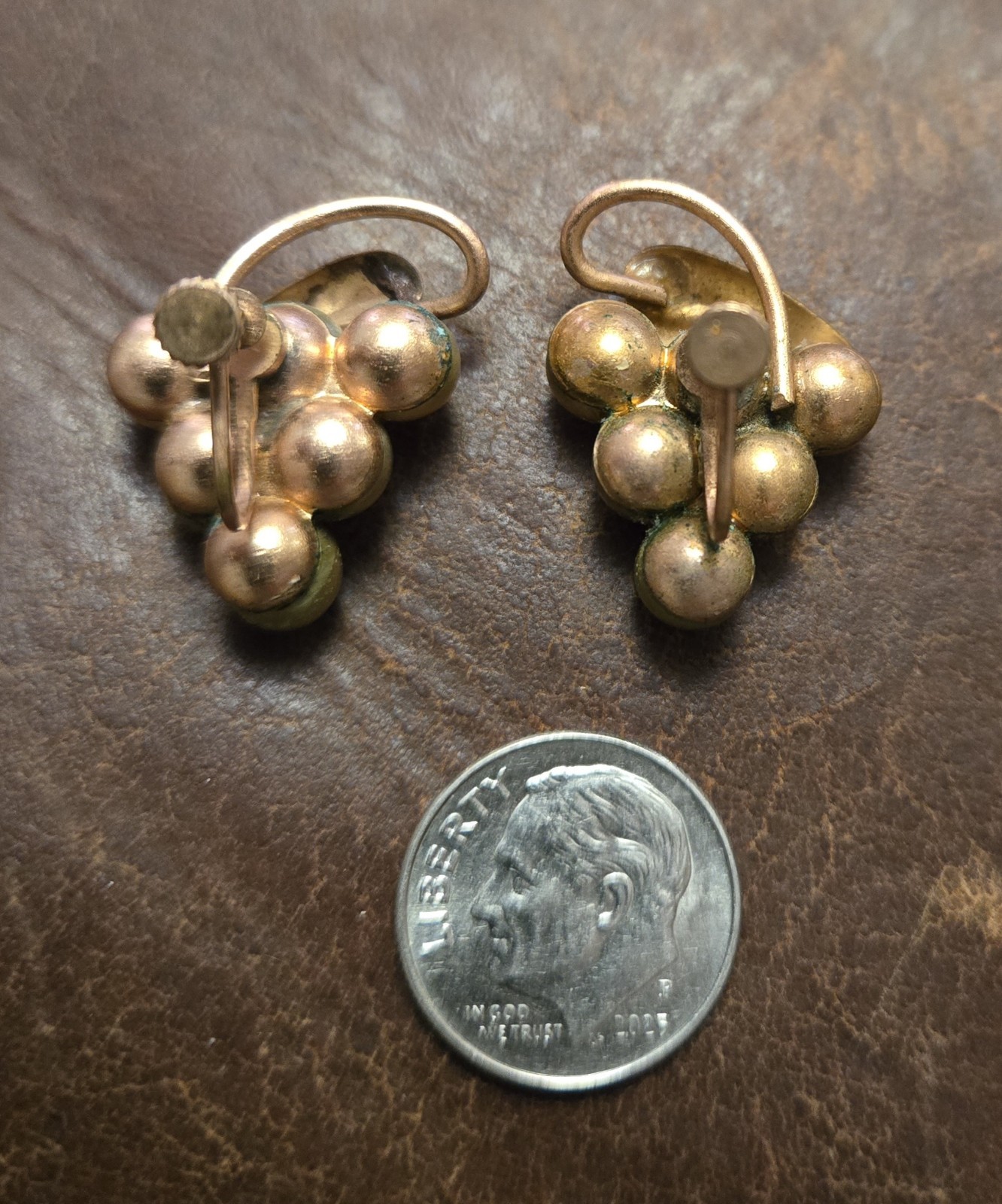 Vintage Copper Plated Two-tone Bunch Of Grapes Earrings Screw Back