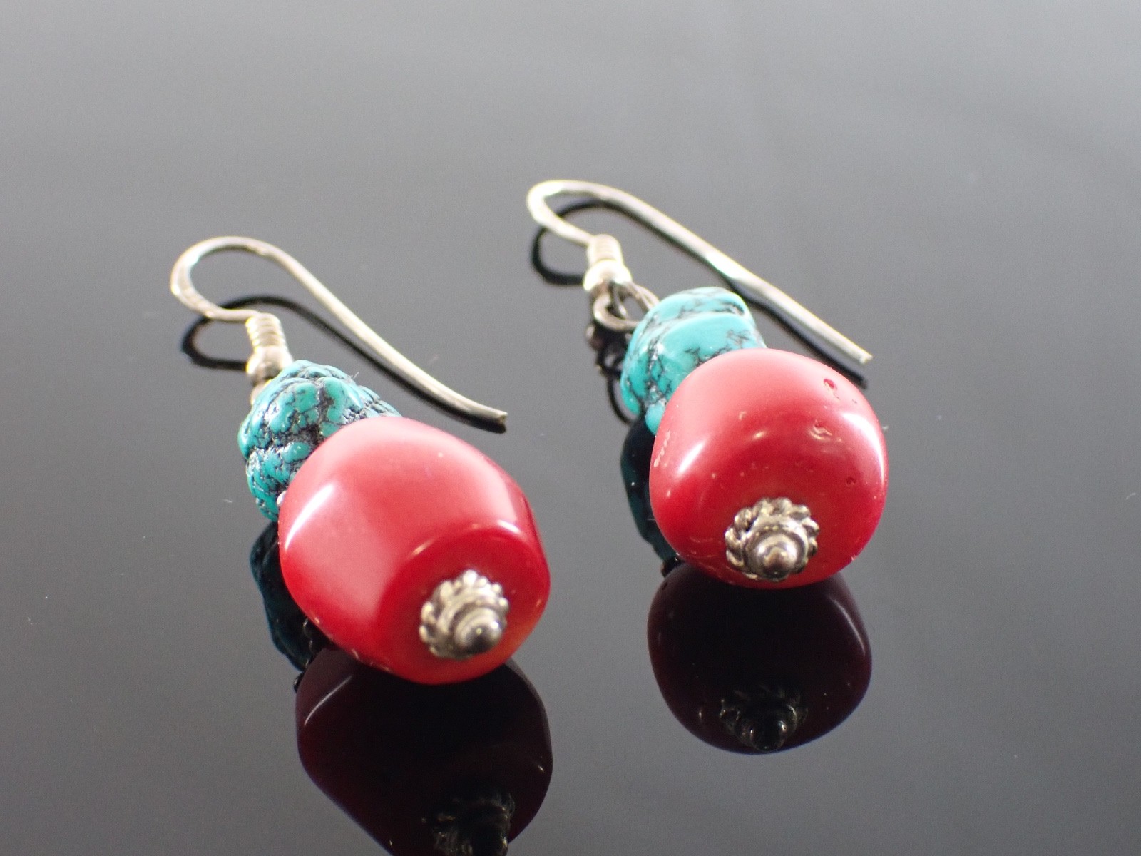 Vintage Sterling Drop Earrings Red Bead & Turquoise Matrix Stones Artisan