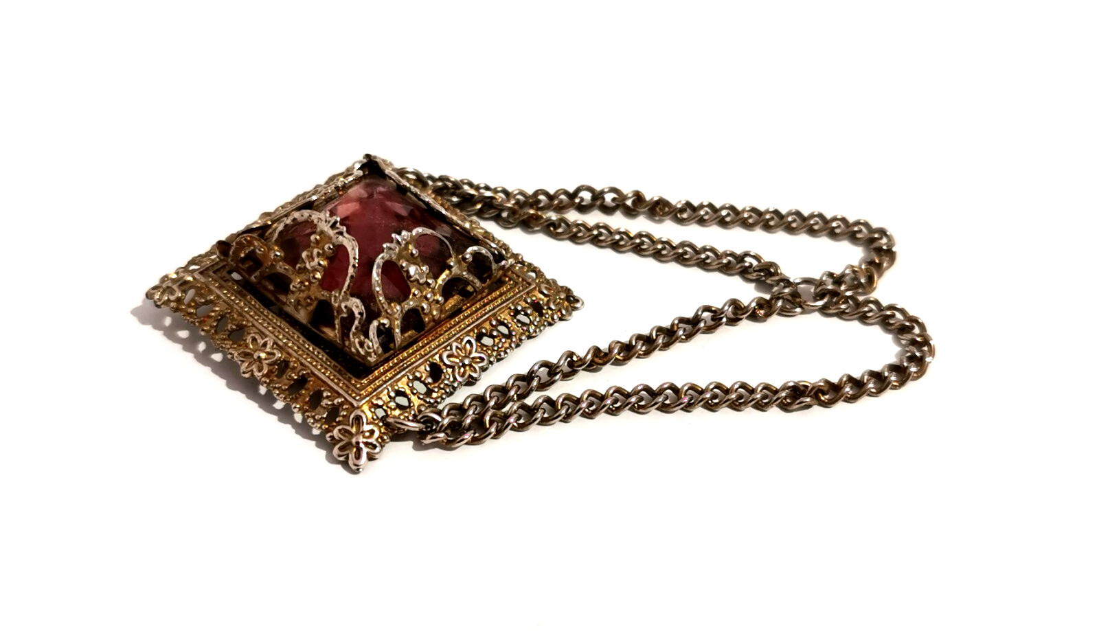 Vintage Czech Pink Glass Brooch Ornamented Brass Chain Pendants Decorated 70s