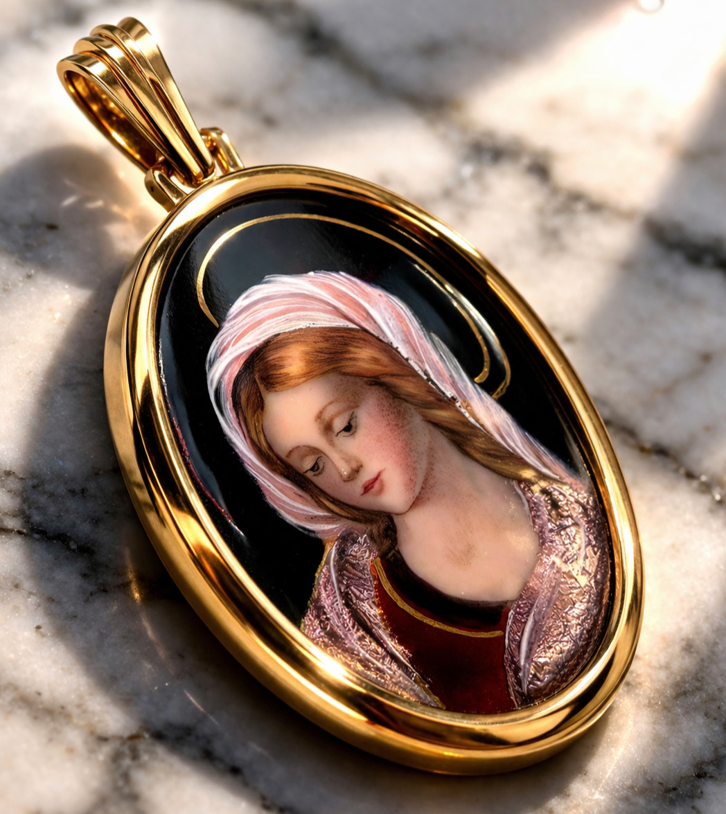 Fine Antique Art Nouvea 18K 18CT Gold Enamel Virgen Mary Medal Pendant Ca 1900