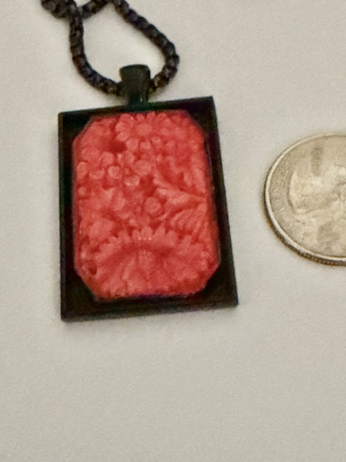 Art Deco Upcycled Bohemian Molded Coral Flowers Glass Black Rim Pendant Necklace
