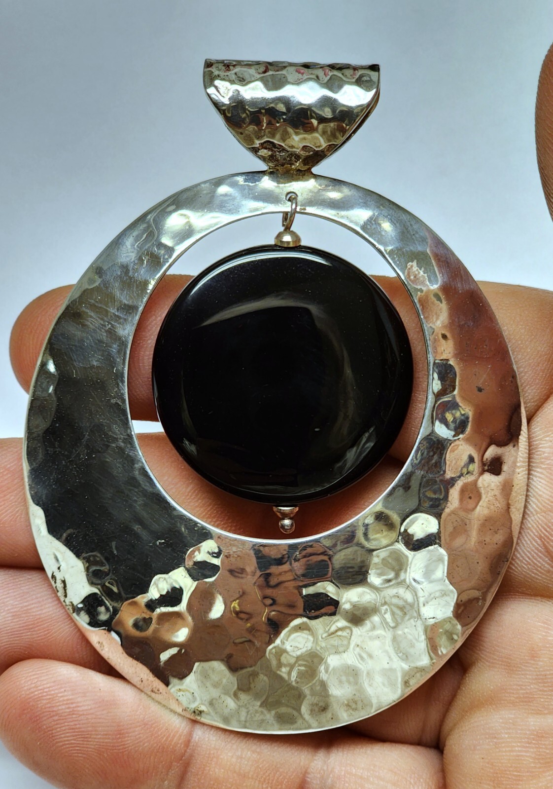 Large Dominique Dinouart 925 Silver Pendant Hammered Onyx Dangle Accent Vintage