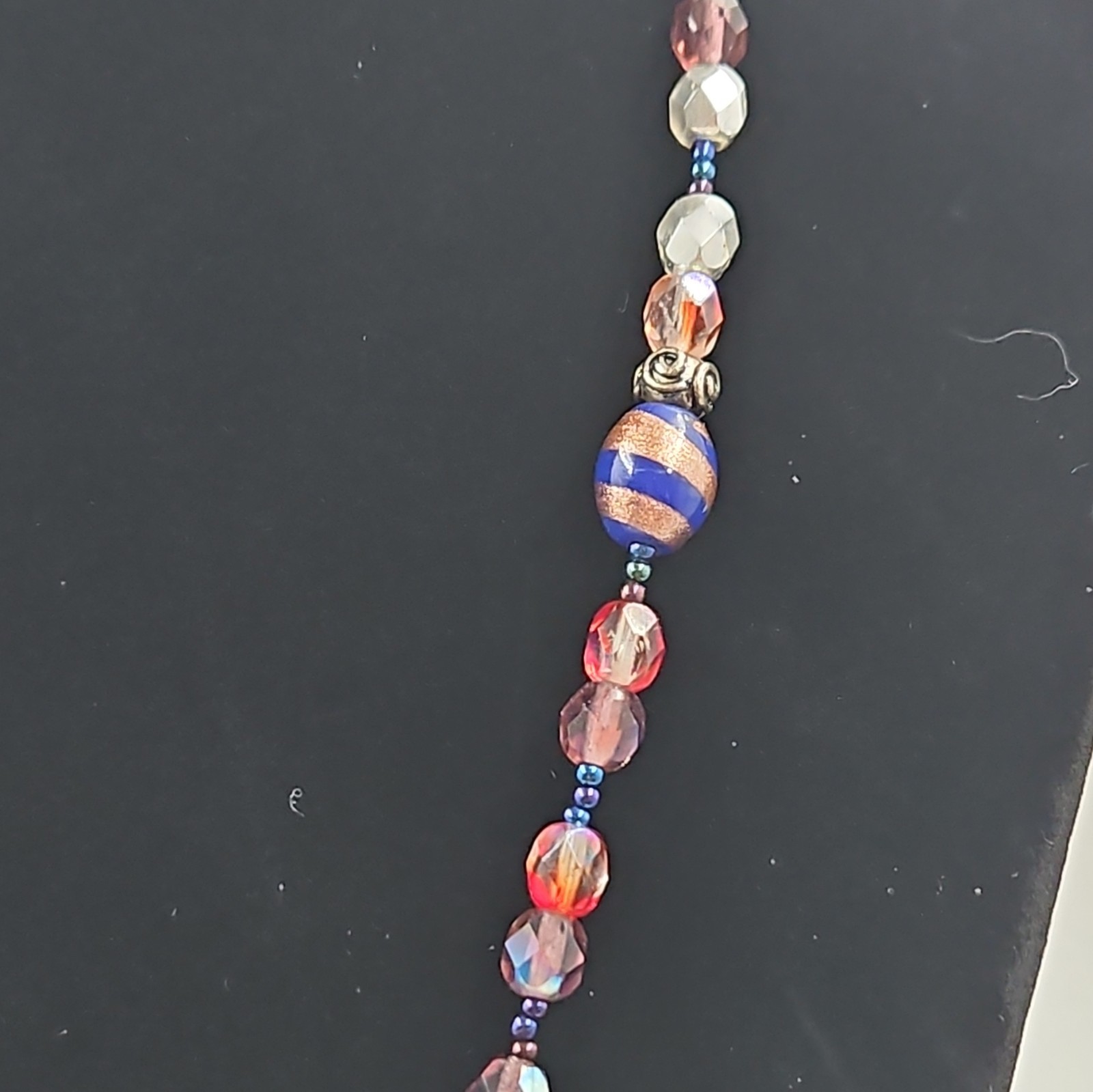 Artisan Glass Beaded Necklace Red Blue Clear Crystal Foil Beads Toggle Clasp VTG