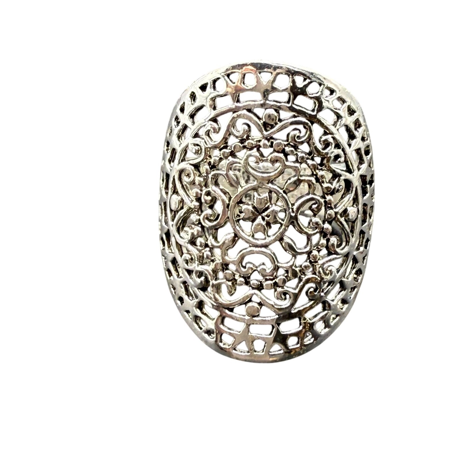 Vintage CW Sterling Silver Oval Filigree Flower Leaf Ring Size 7 Silver Tone Ret