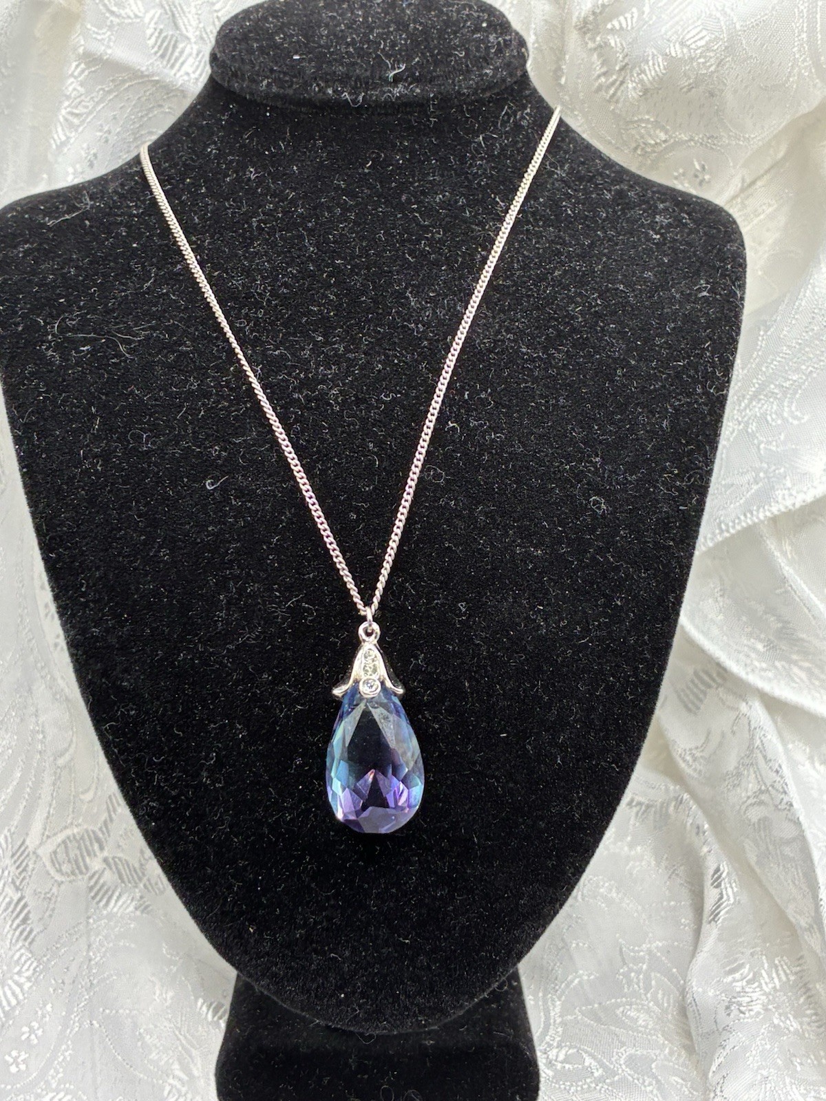 Vintage Purple/Blue Faceted Pear-Shape, CZ Bail Crystal Pendant On 925 18” Chain