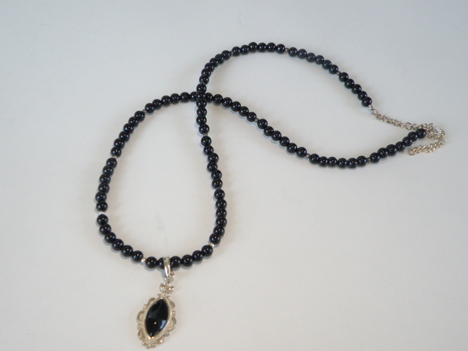 Vintage Sterling Silver 925 Black Onyx Station Bead Necklace