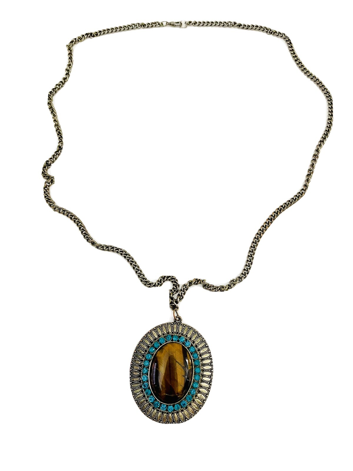 Tiger’s Eye Cabochon Oval Medallion Green Rhinestones Silver Tone Necklace 36”