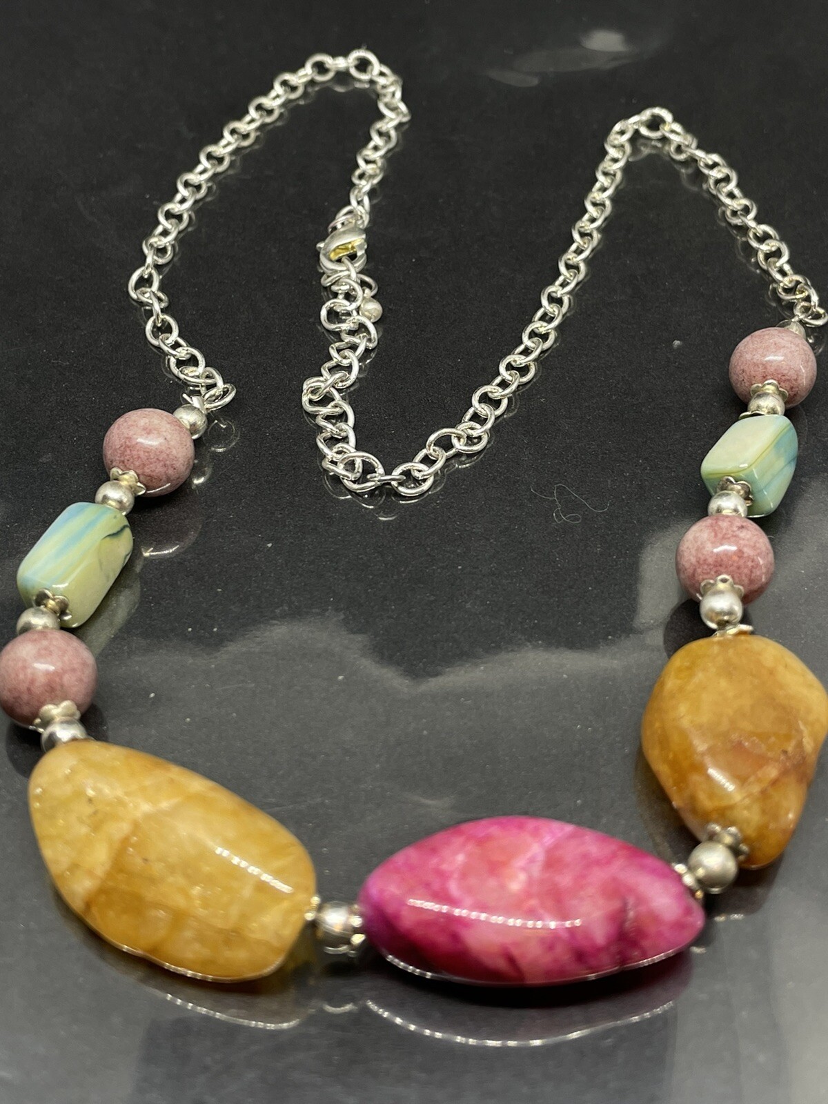Vintage multicolor agate beaded silver tone necklace 19”
