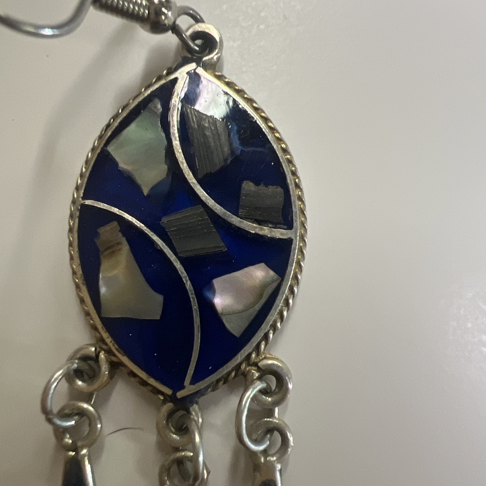 Vintage Chip Inlay Pierced Earrings Mexico 3″ Drop