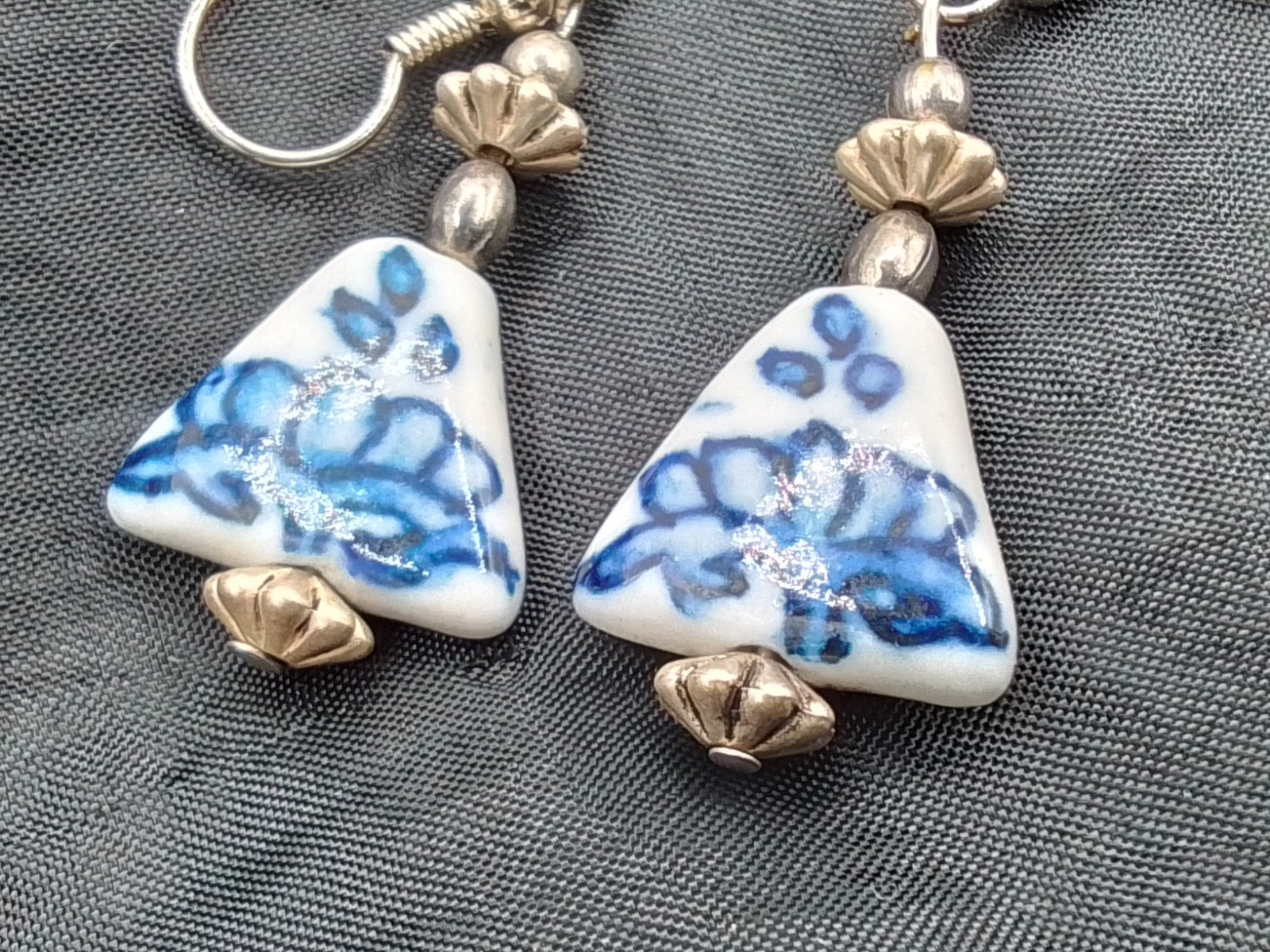 TRIANGLE DELFT STYLE VINTAGE ESTATE PIERCED EARRINGS DANGLE FRENCH HOOK WIRE