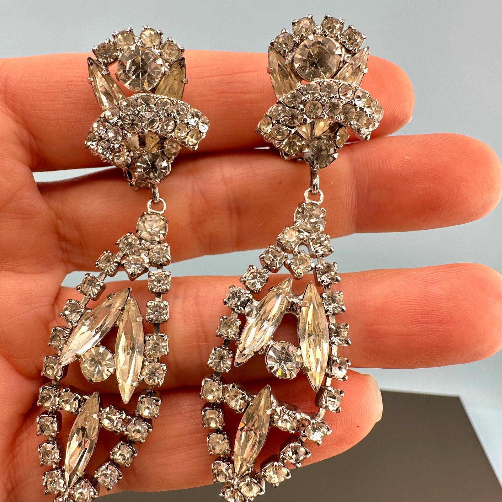 Vintage Rhinestone Earrings Chandelier Drop Clip On Statement Bridal Art Deco