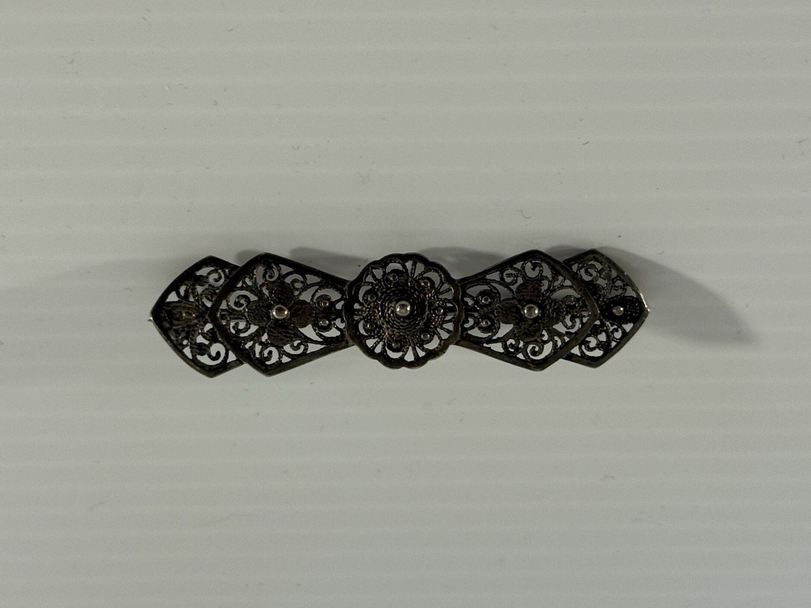 Vintage 835 Silver Filigree Bar Brooch Floral Scrollwork c1930s 3.2gms