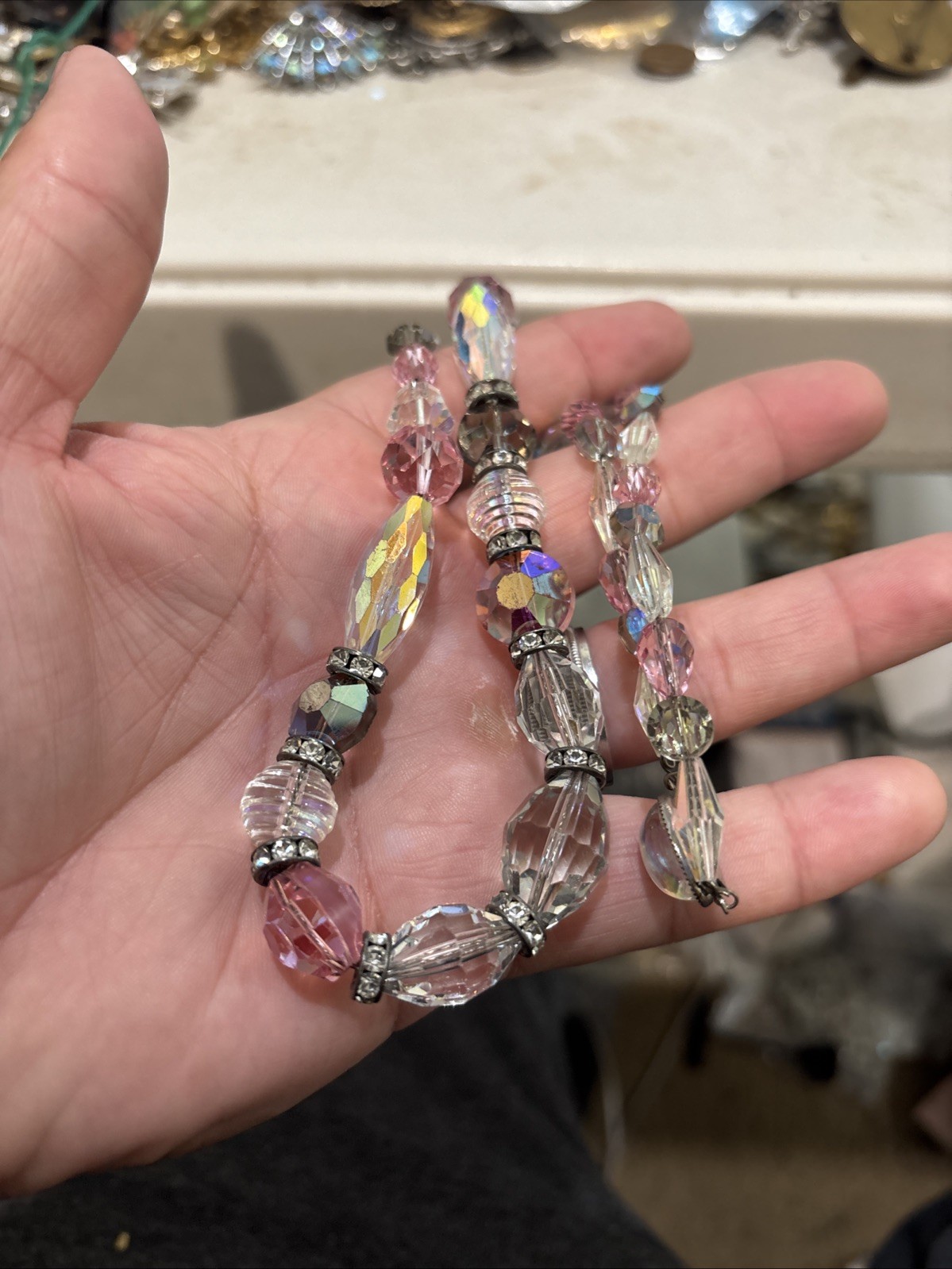 Vintage Stunning Pink Clear Ab Crystal Bead Rhinestone Necklace 21”