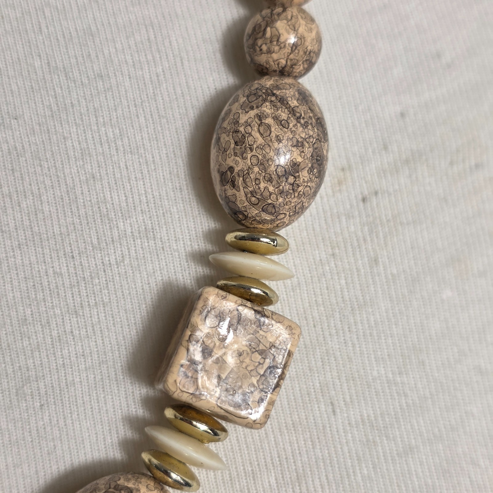 Beaded Statement Necklace Square & Round Beads Flat Gold & White Spacers