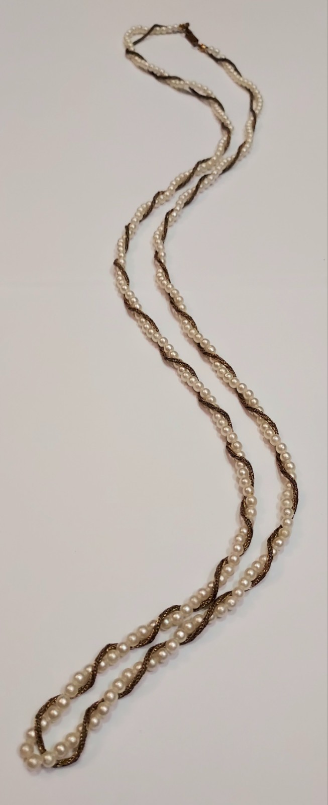 Miriam Haskell Vintage Necklace Faux Pearl Wheat Chain Bronze Tone Signed 34″