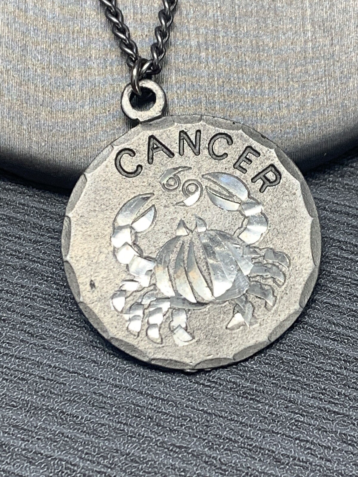 Vintage Pewter BDA Zodiac astrology Cancer Hand Engraved Pendant Necklace 18”