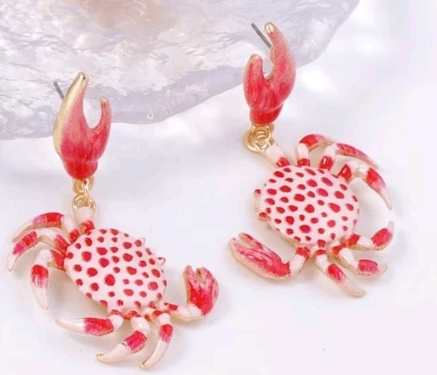 Enamel Red&white Drip Painted Crab Earrings Dangle, Goldtone