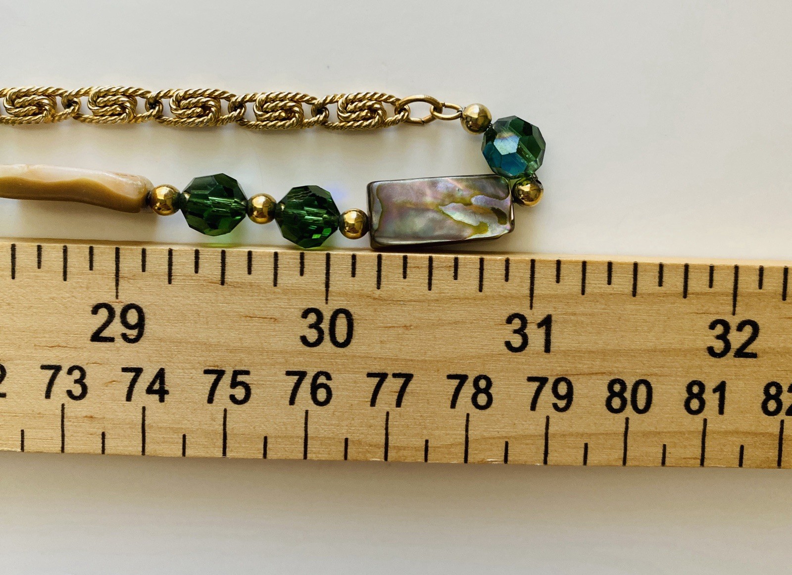 Vintage 80s NAPIER Necklace Abalone Mother Of Pearl & Green Crystals Boho Chic