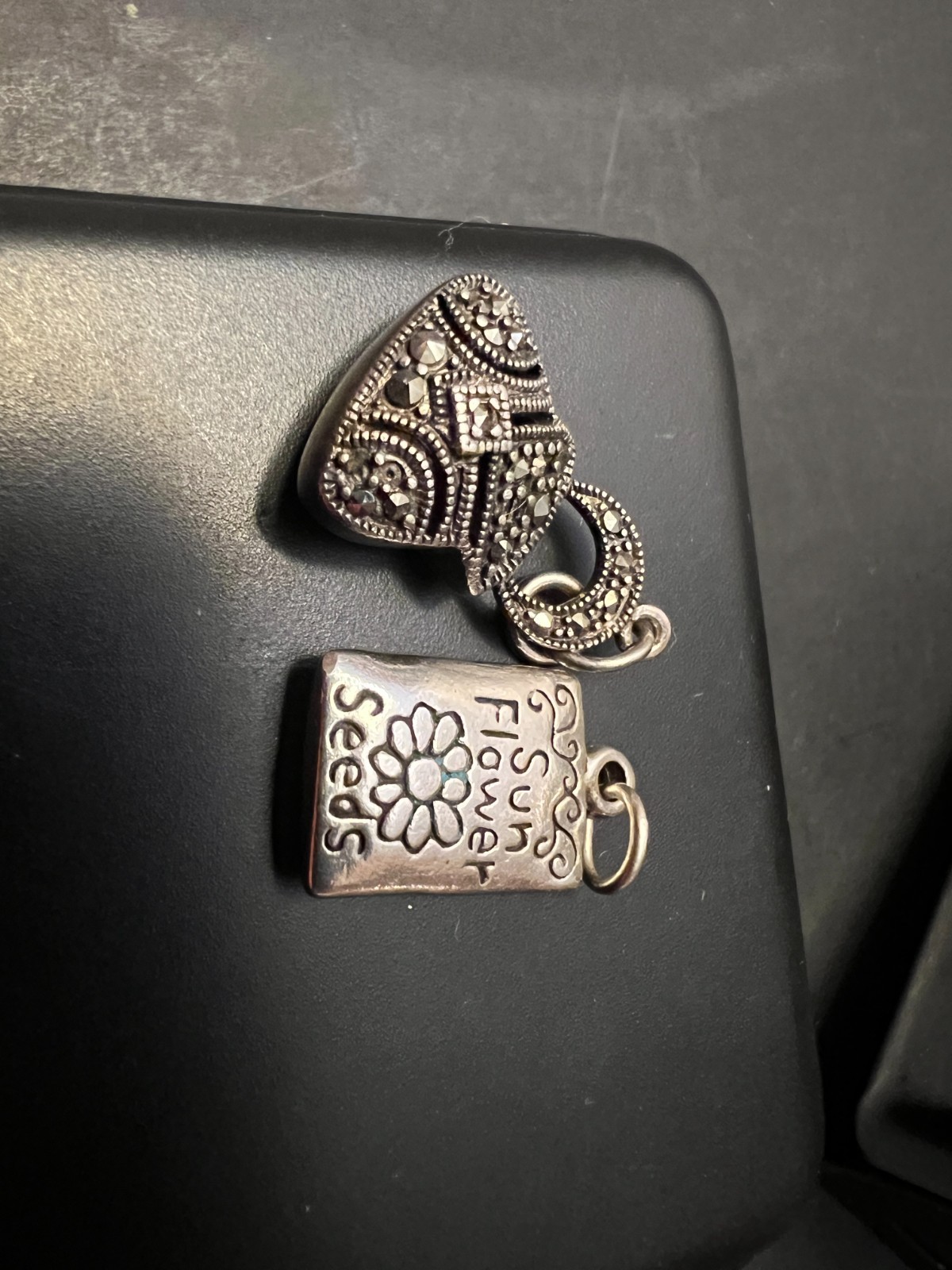 Sterling Silver Lot 2 Pendant Marcasite Purse and Seeds