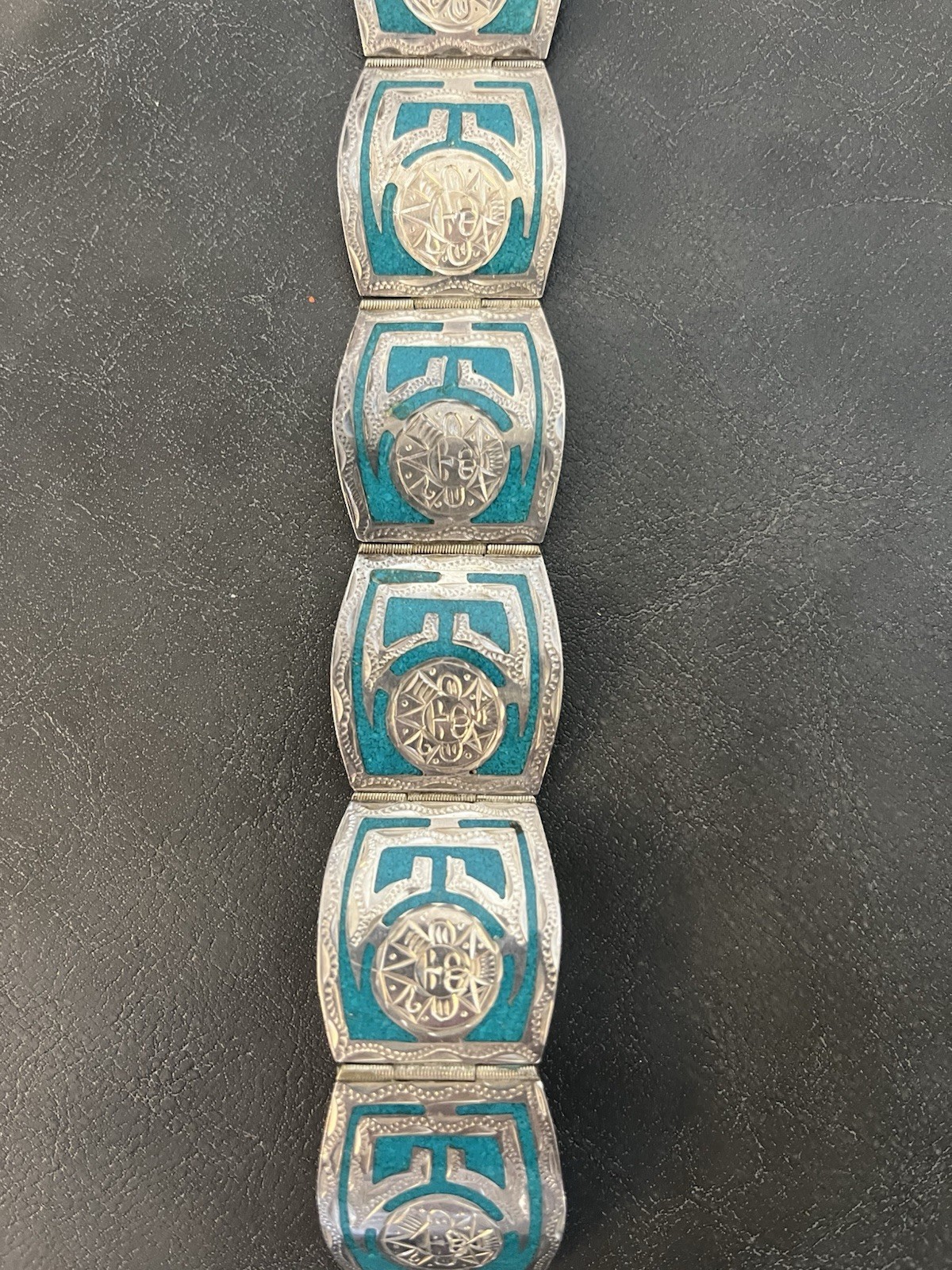 Bell Solid Copper Sterling 925 Joy Mex Turquoise Inlay Aztec Cuff Bracelet Vtg