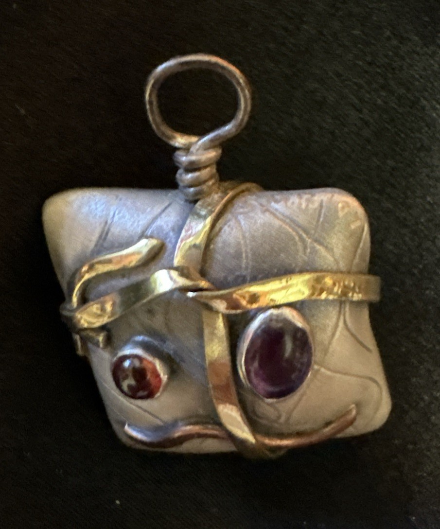 SMB Artesian Signed Sterling Silver, Multi-Metal & Gem 3-D Pendant 1”square