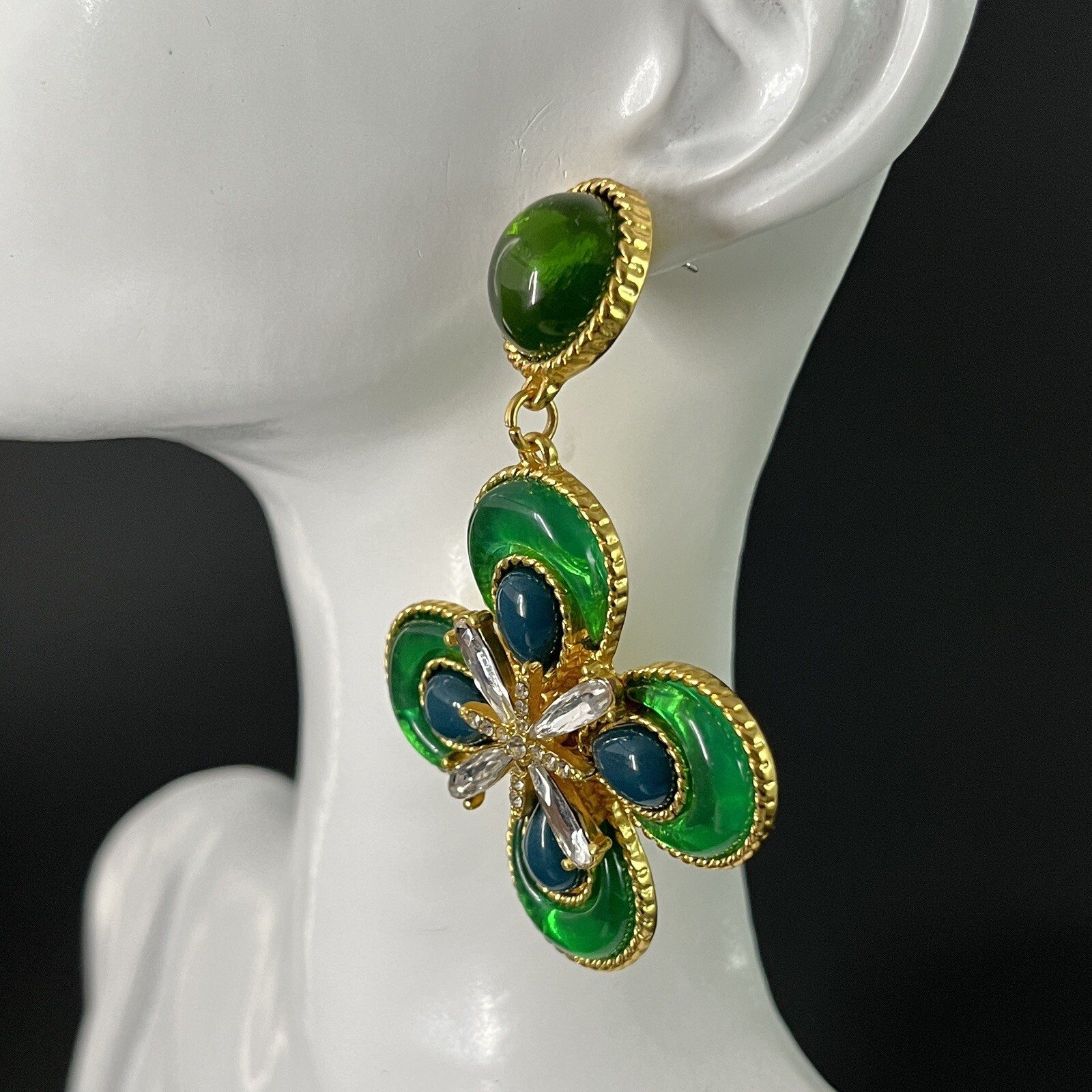 Gripoix Style Maltese Cross Earrings Green Glass Cabochon Gold Pierced Dangle