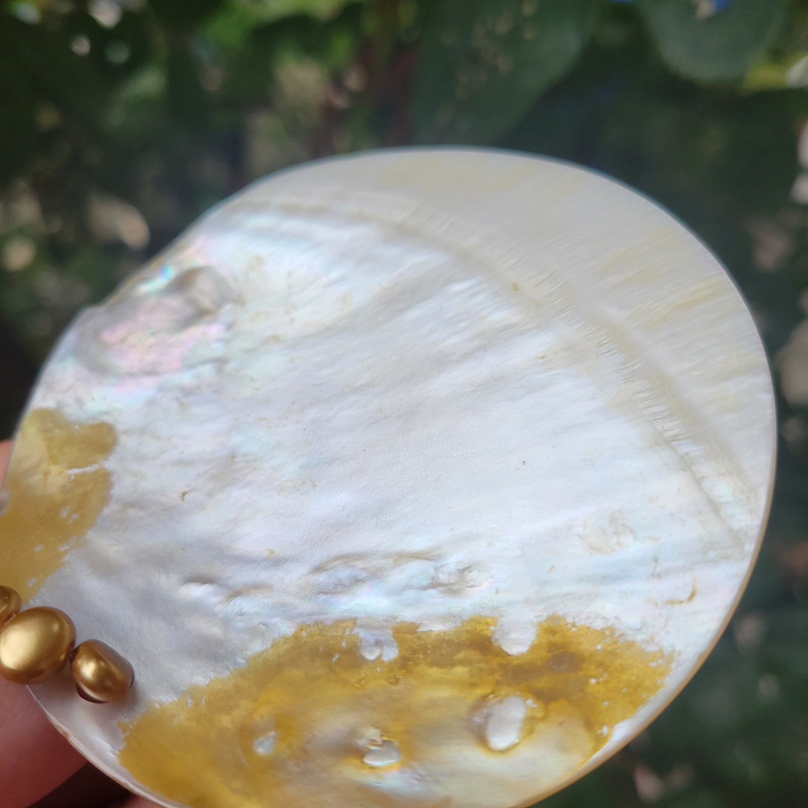 Vtg “Sunrise” Orange Mother Of Pearl w/ Faux Baroque Pearls Statement Pendant