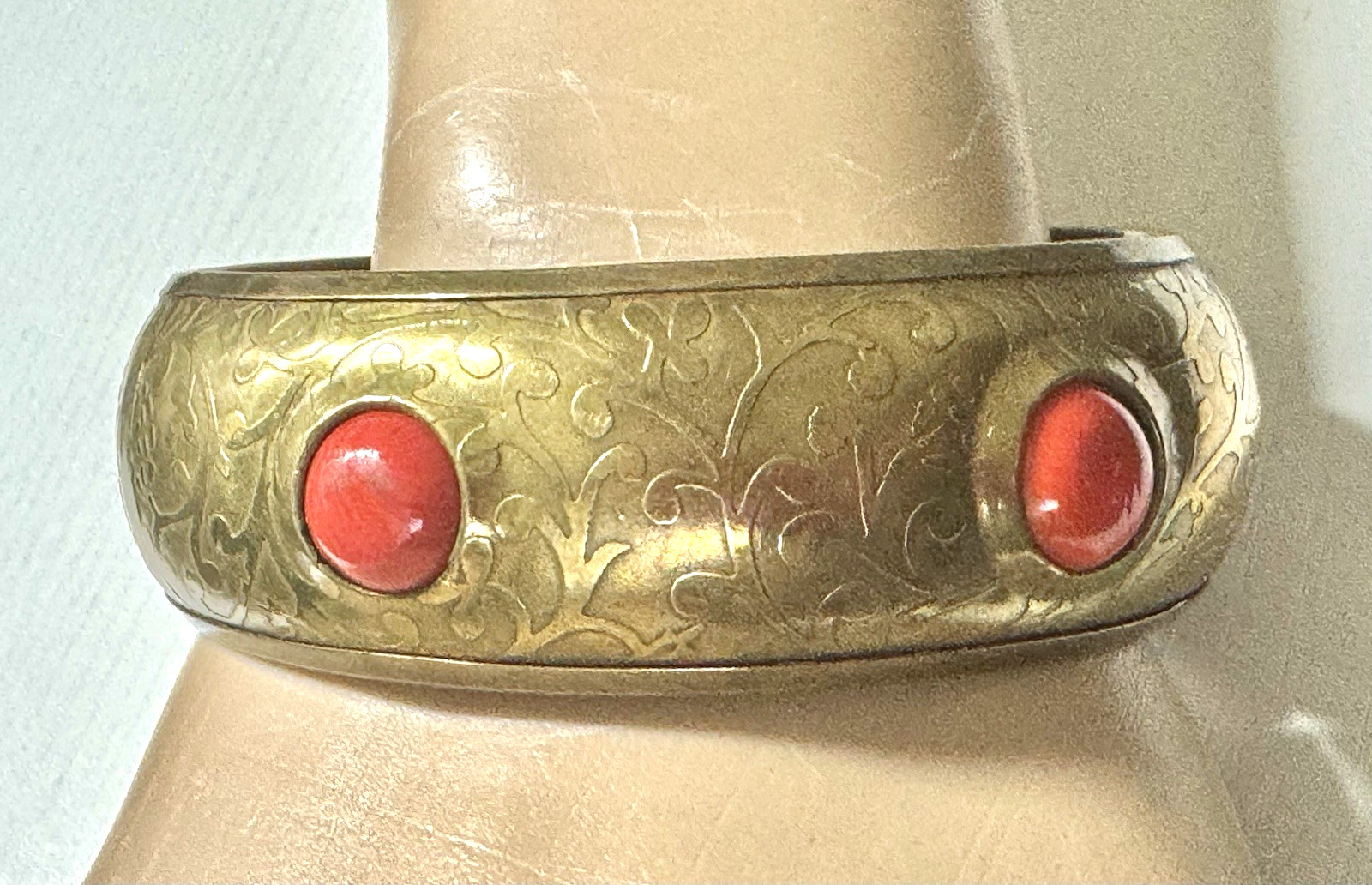 Vintage, Engraved Floral Patterns, Inlaid Red Cabochon Stones, Boho Brass Bangl