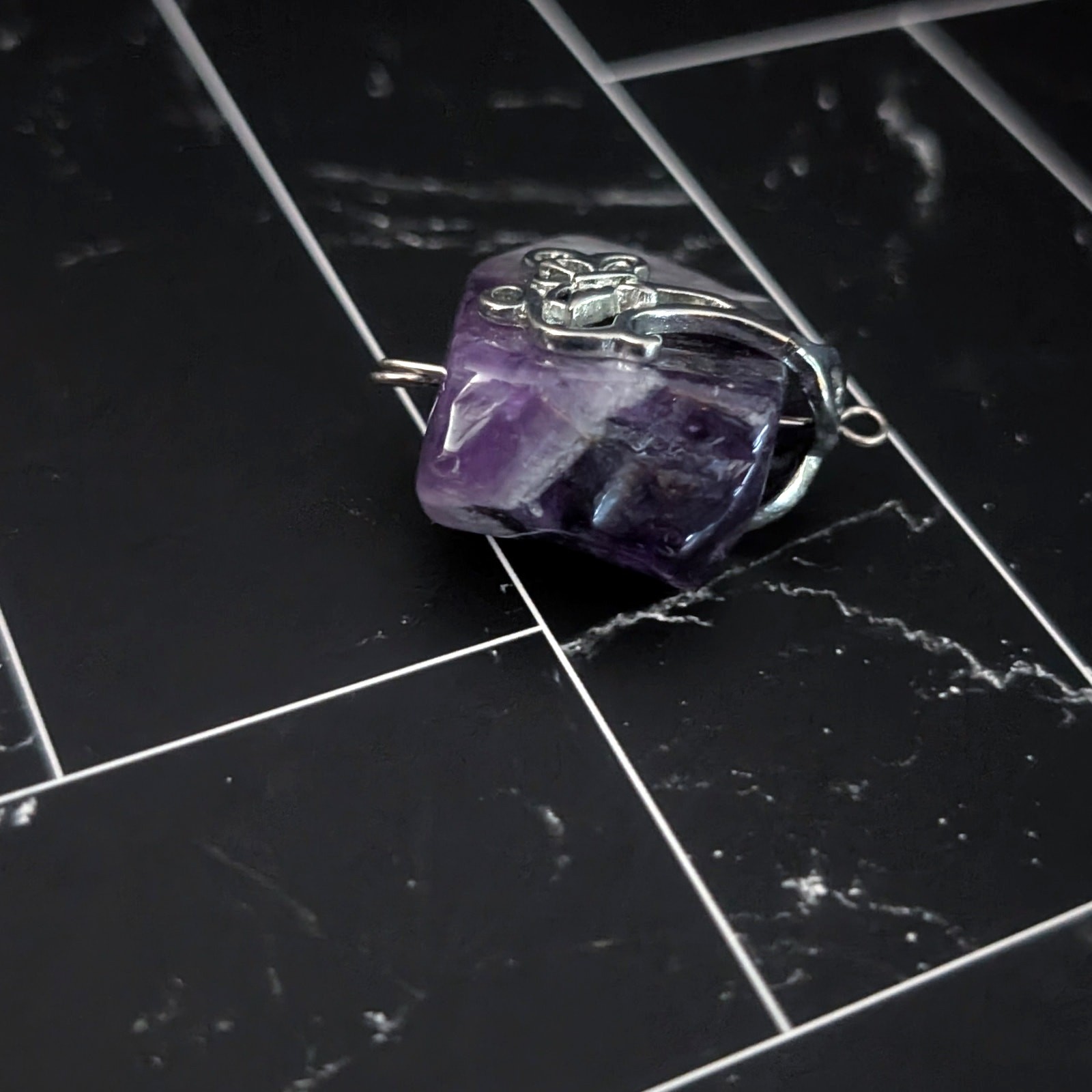 Vintage Pendant Raw Purple Stone with Silver Tone Accent – No Chain Included