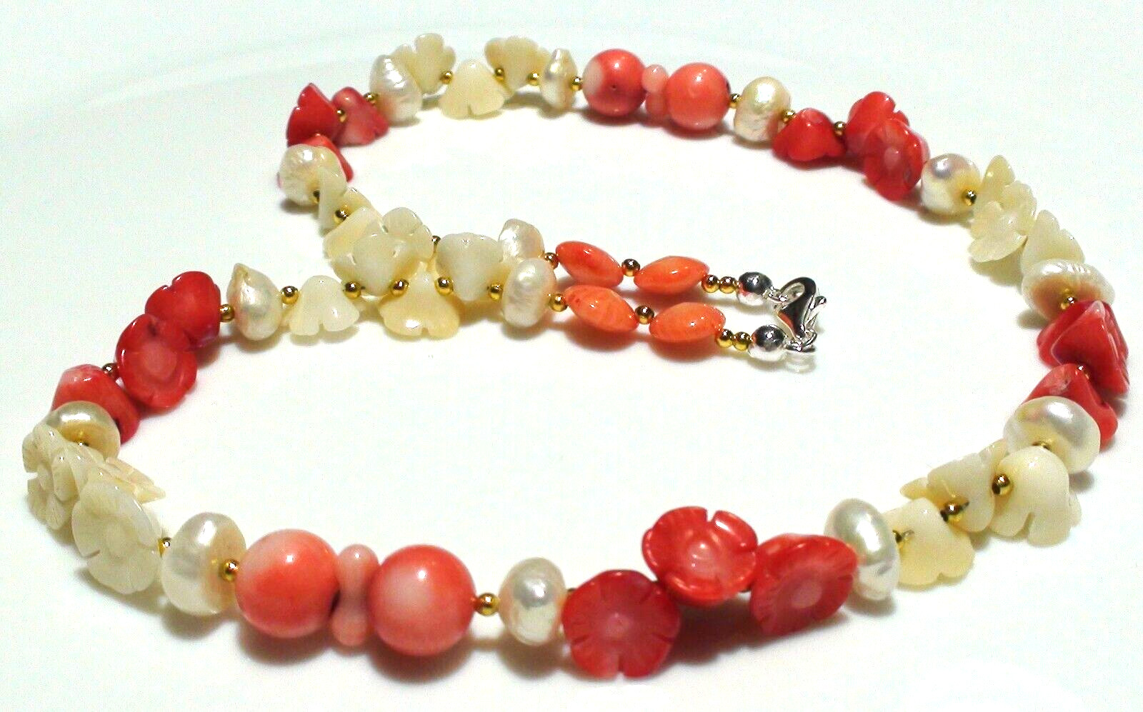 152.80ct 100% NATURAL SEA SALMON PINK,WHITE CORAL,PEARL 925 SSILVER CLASP NE-CE.