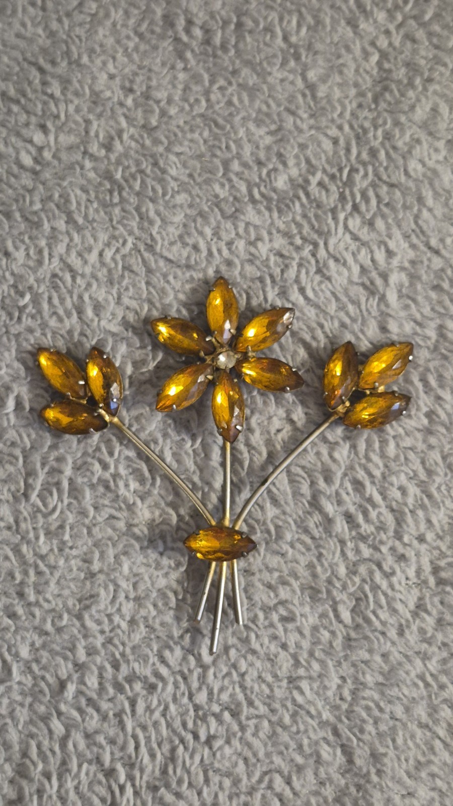 Vintage Mid-Century Amber Rhinestone stones are prong-set rolling safety Clasp