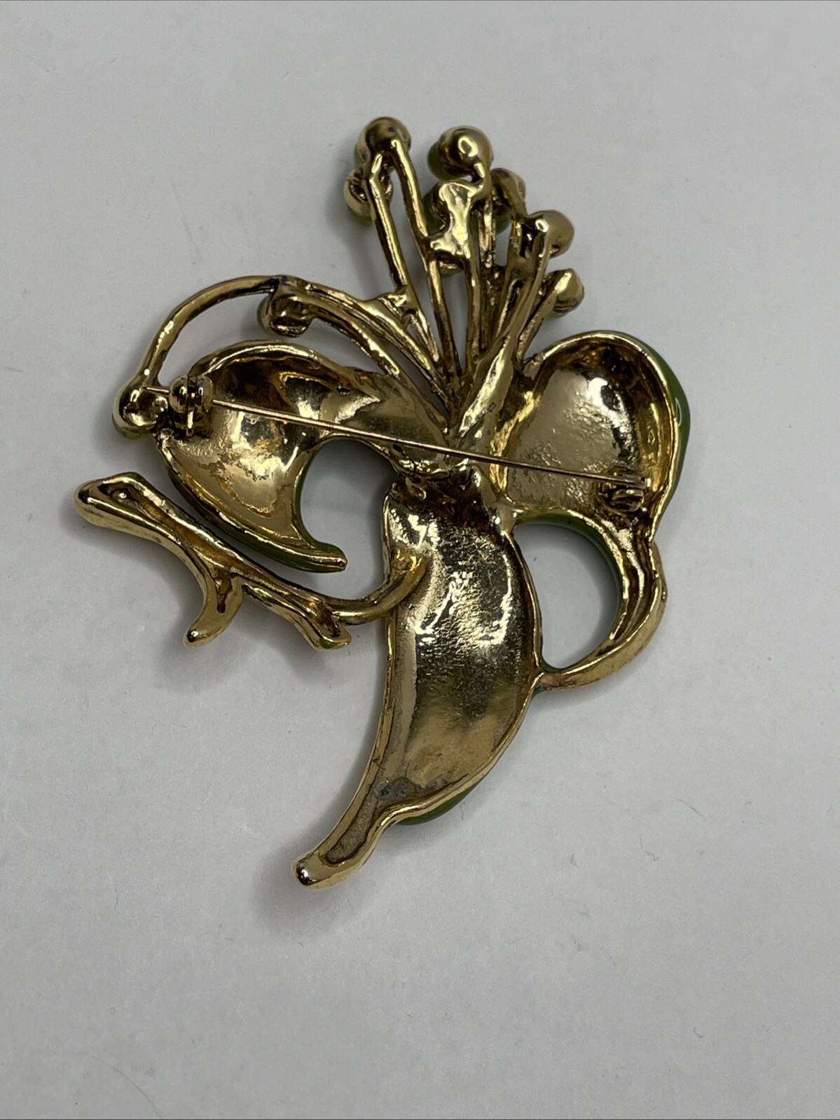 Vintage Green Enamel Floral Brooch Pin with Green Rhinestones and Cabochons RARE