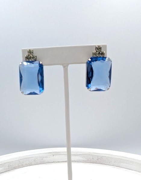 Vintage Post Earrings Blue Crystal Emerald Cut Glass Silver Tone Post 1950s