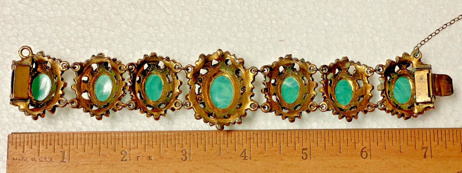 Vintage Selro or Selini Teal Green Faux Pearl Cabochon Chunky Link Bracelet