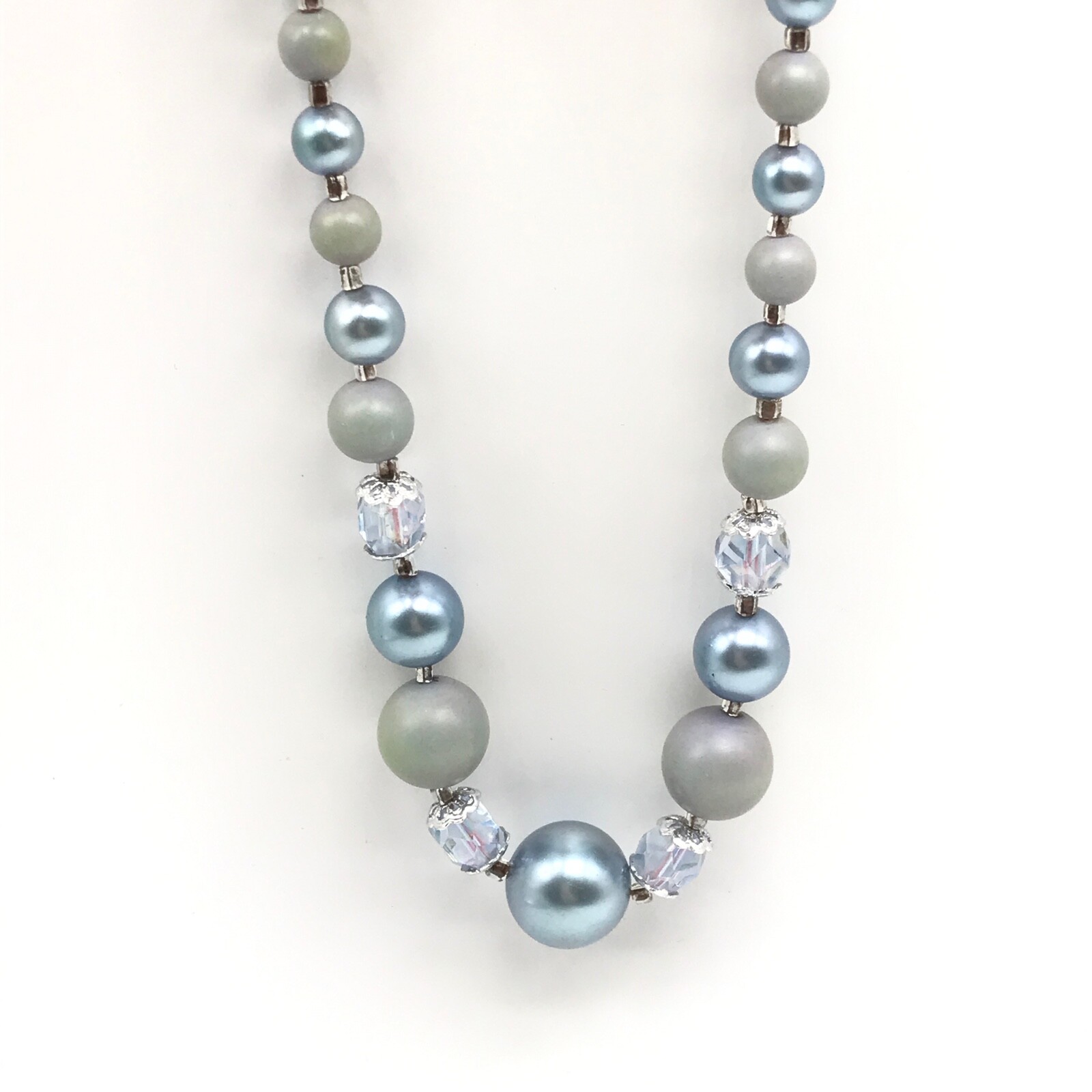 Vintage Japan Blue Gray Acrylic & AB Crystal Beaded Strand Necklace