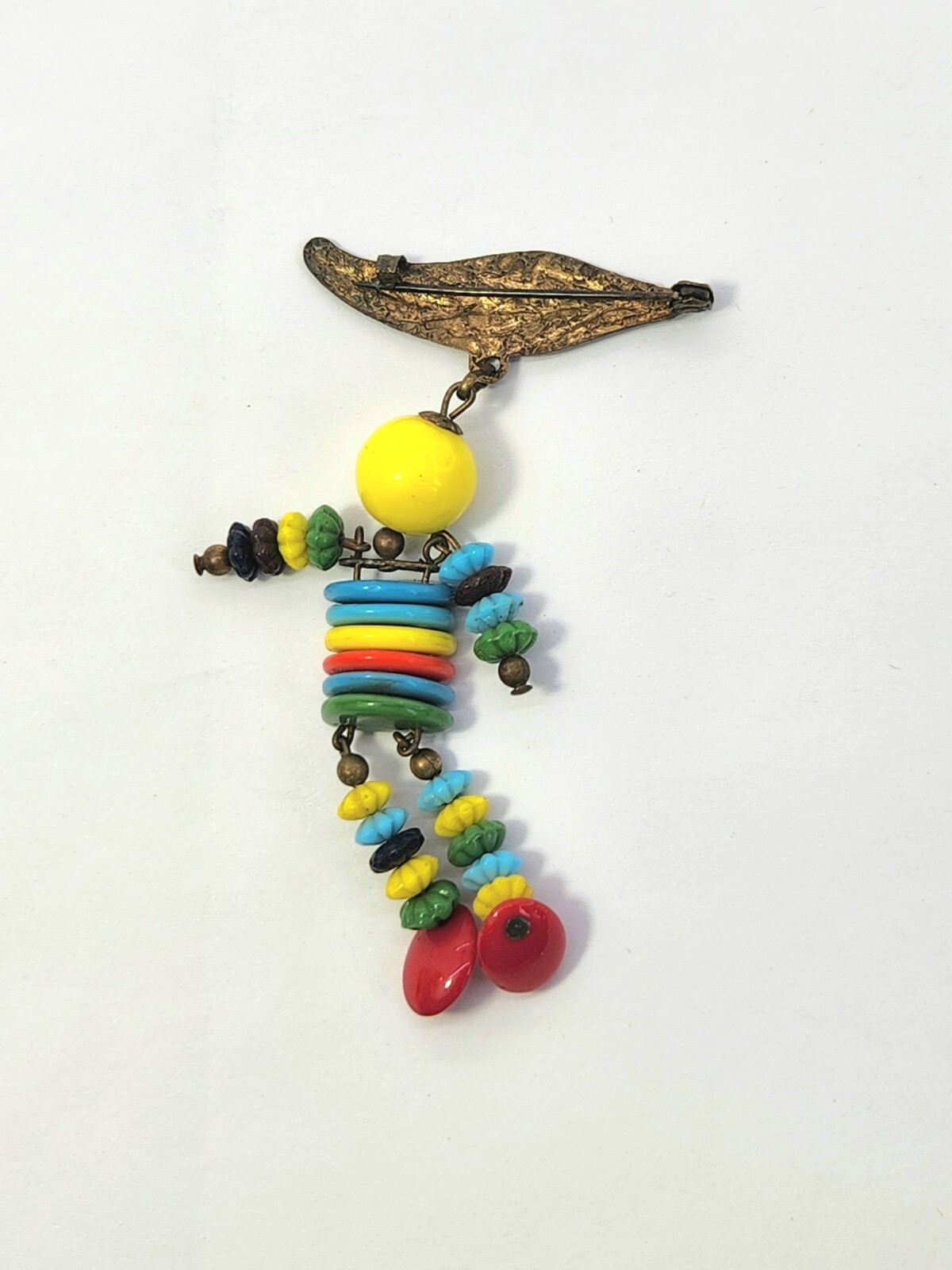 Vtg Brooch Pin Multicolor Glass Bead 3″ Man Person Figural Unsigned Haskell?