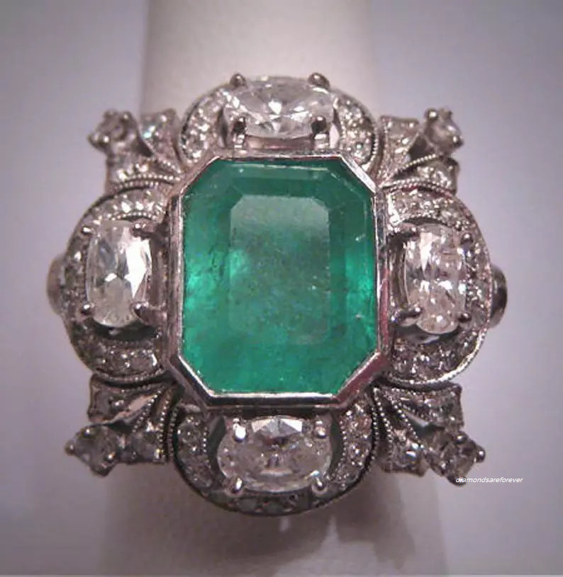 Antique 6.60ct Emerald Stone Vintage Art Deco Wedding Sterling 925 Silver Ring