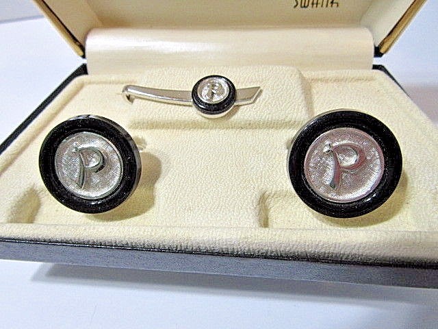 ORIENTAL MING DYNASTY MATCHING TIE TACK INITIAL P CUFFLINKS VINTAGE SWANK MEN’S