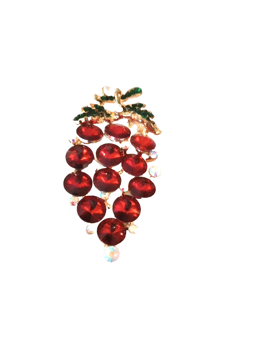 Vintage Red Crystal Brooch Grape Cluster Green Leaves 80s NOS Large 3 1/4 In