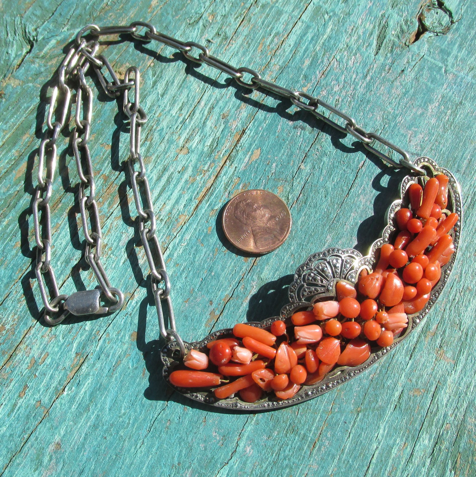 Antique Natural Coral, Marcasite and Sterling Silver Necklace Victorian 1890s