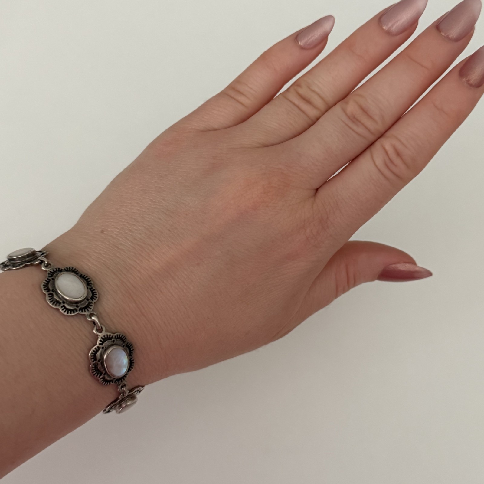 Vintage 925 Sterling Silver Mother Of Pearl Southwestern Flower Bracelet 7″