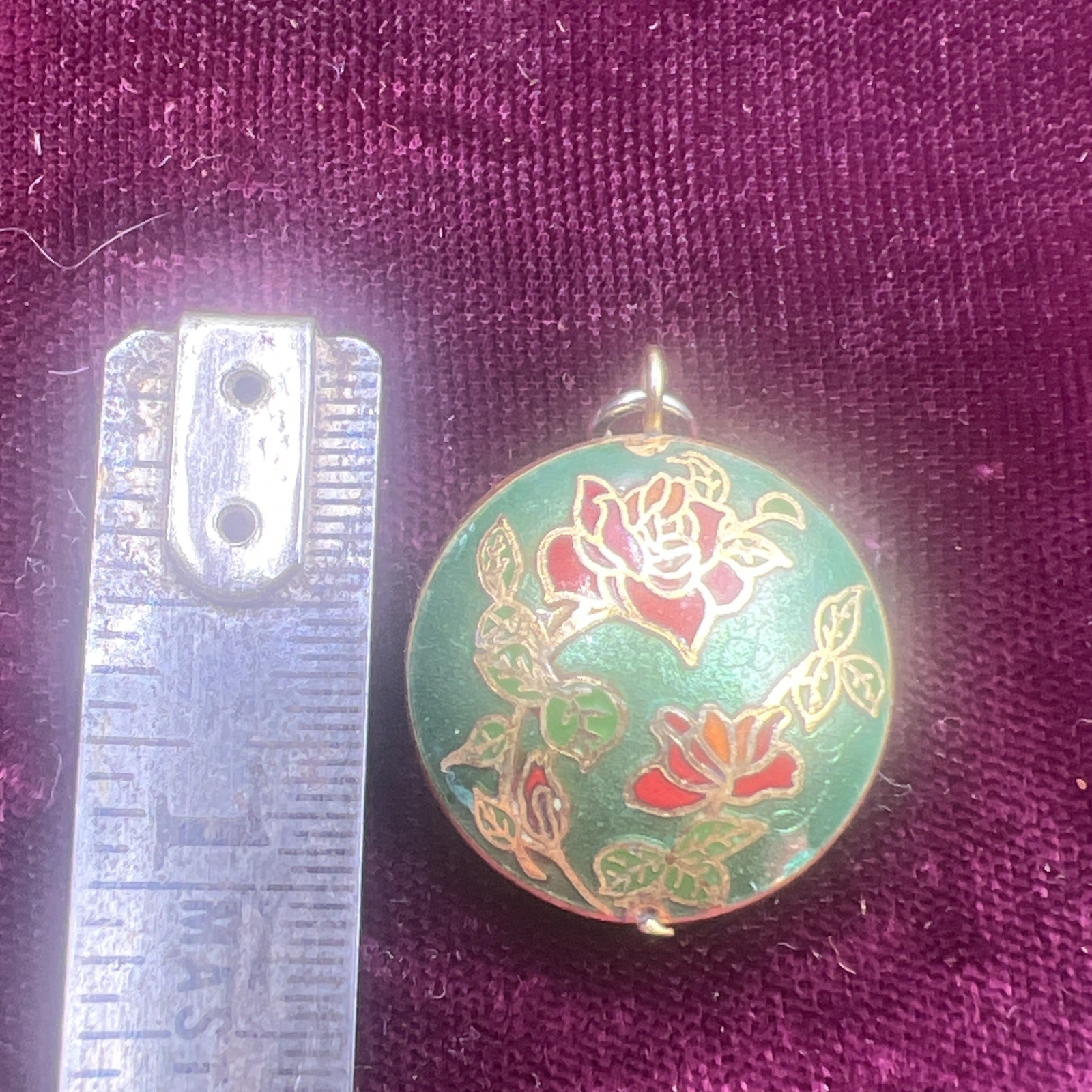 Vintage Double Sided Cloisonné Green Enamel Round Pendant Pink. and Blue Flowers