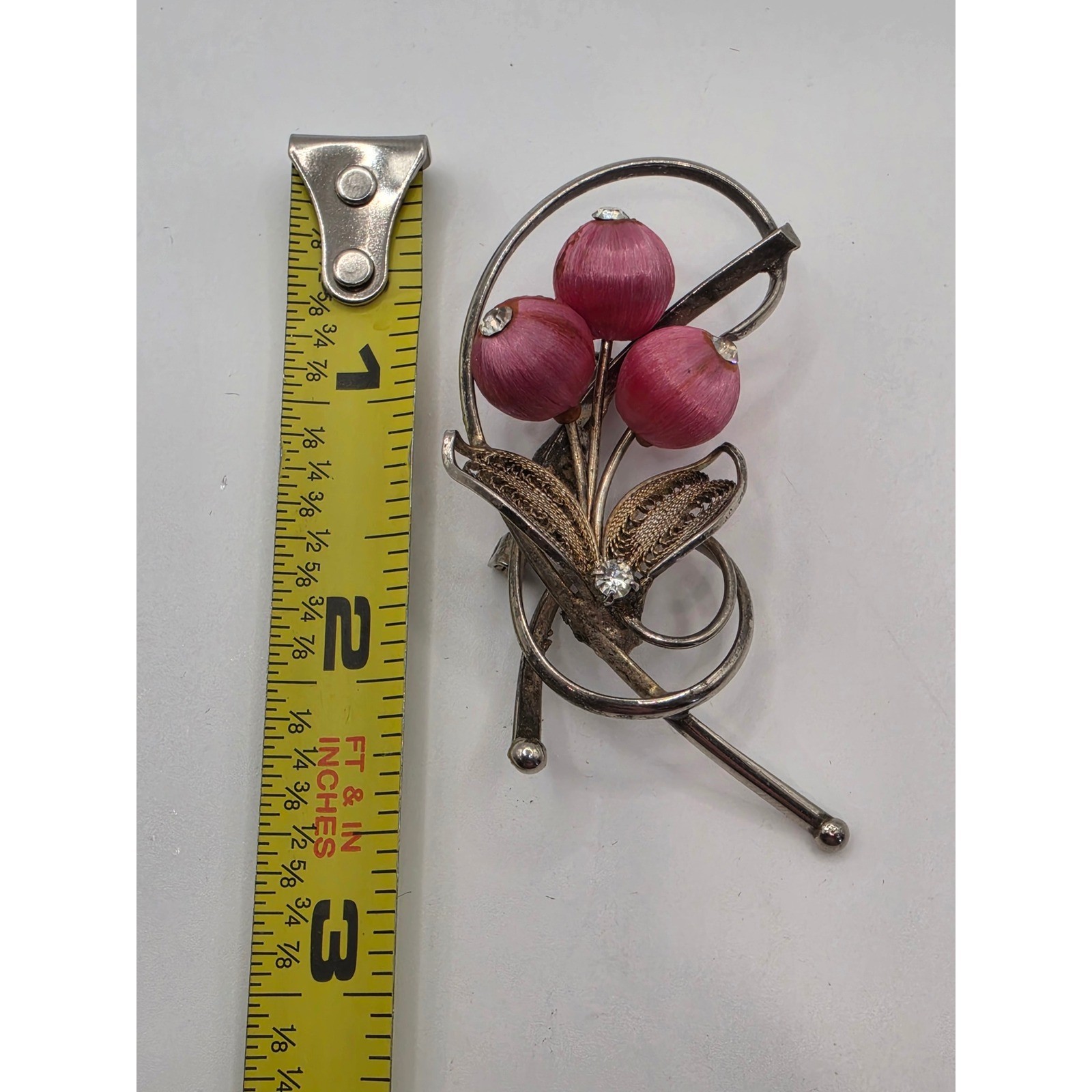 Vintage Silver Tone Pink Satin Wrapped Bead Floral Spray Filigree Brooch Pin