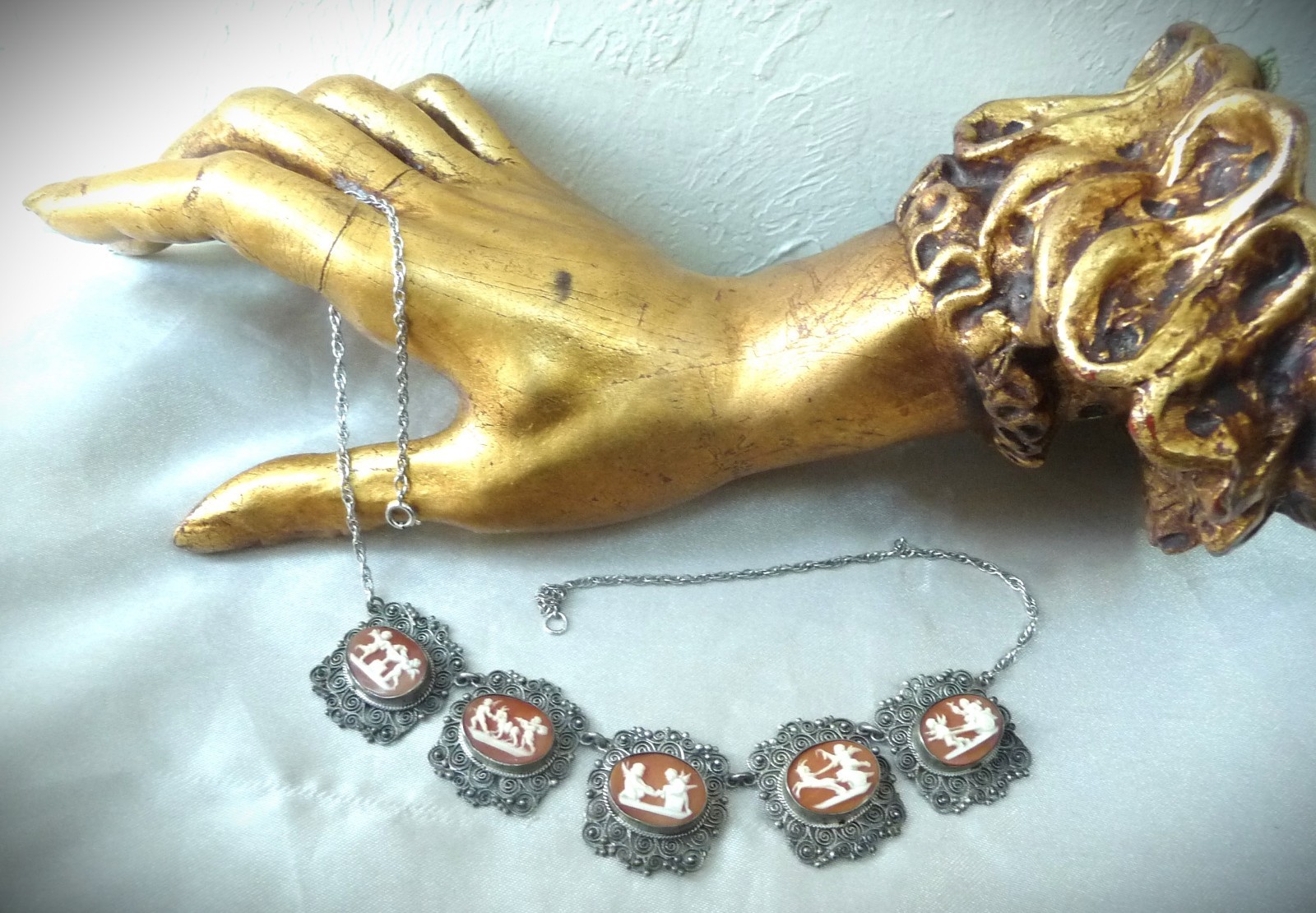 FABULOUS RARE ANTIQUE STERLING 800 SHELL CAMEO CANNETILLE CUPID CHARIOT NECKLACE