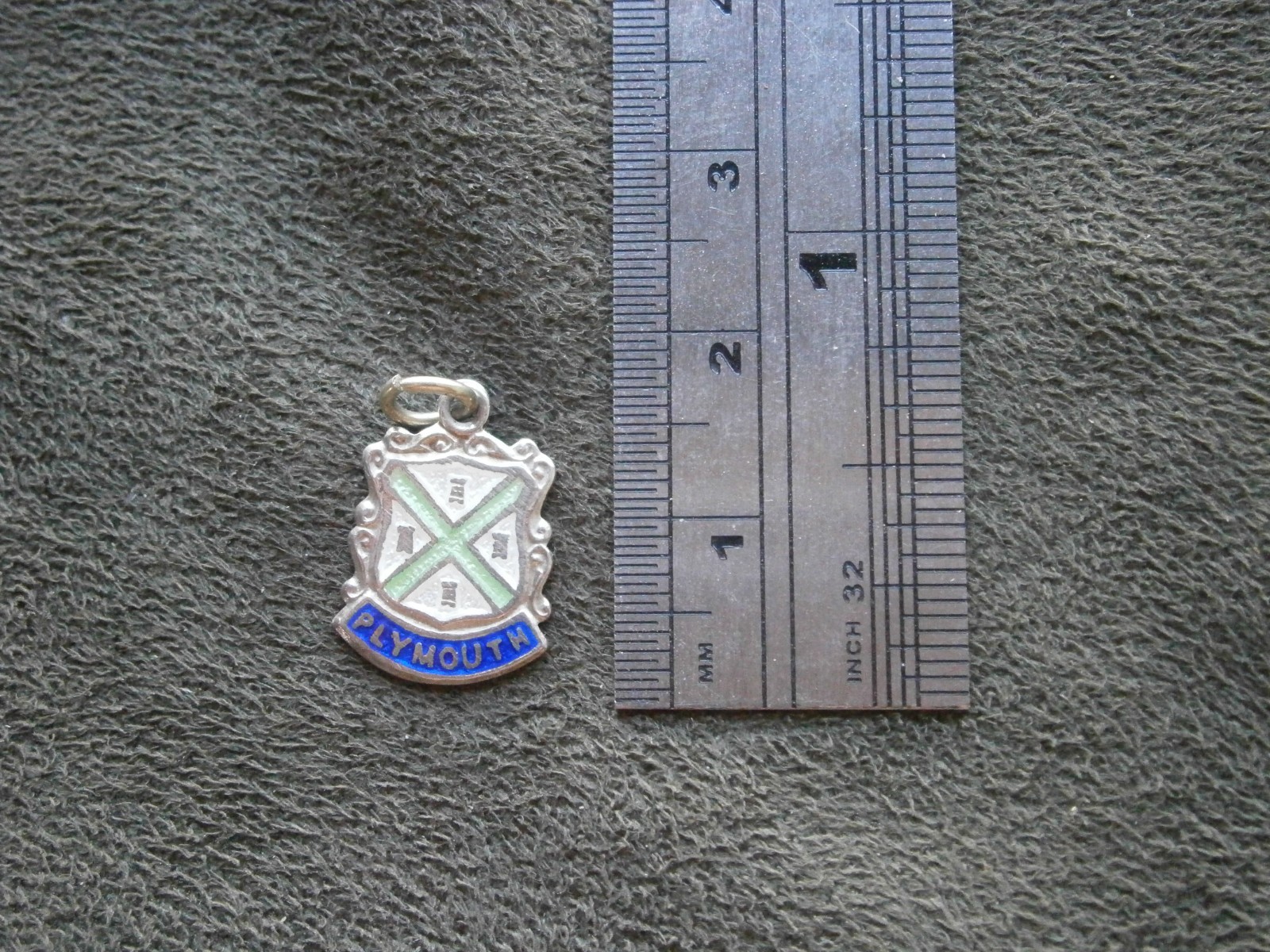 Plymouth England Vintage Sterling Silver Enamel Travel Shield Bracelet Charm