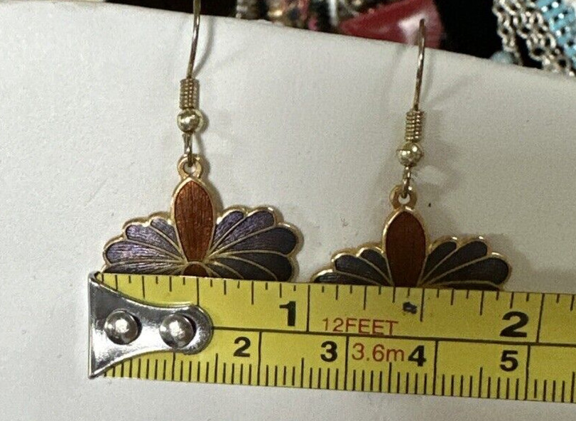 Cloisonne Enameled Blue & Purple Green Orchid Hook Pierced Earrings