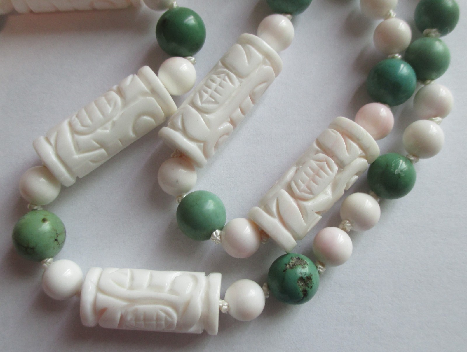 VINTAGE CARVED SHOU BARREL CONCH SHELL CORAL TURQUOISE BEAD NECKLACE STERLING