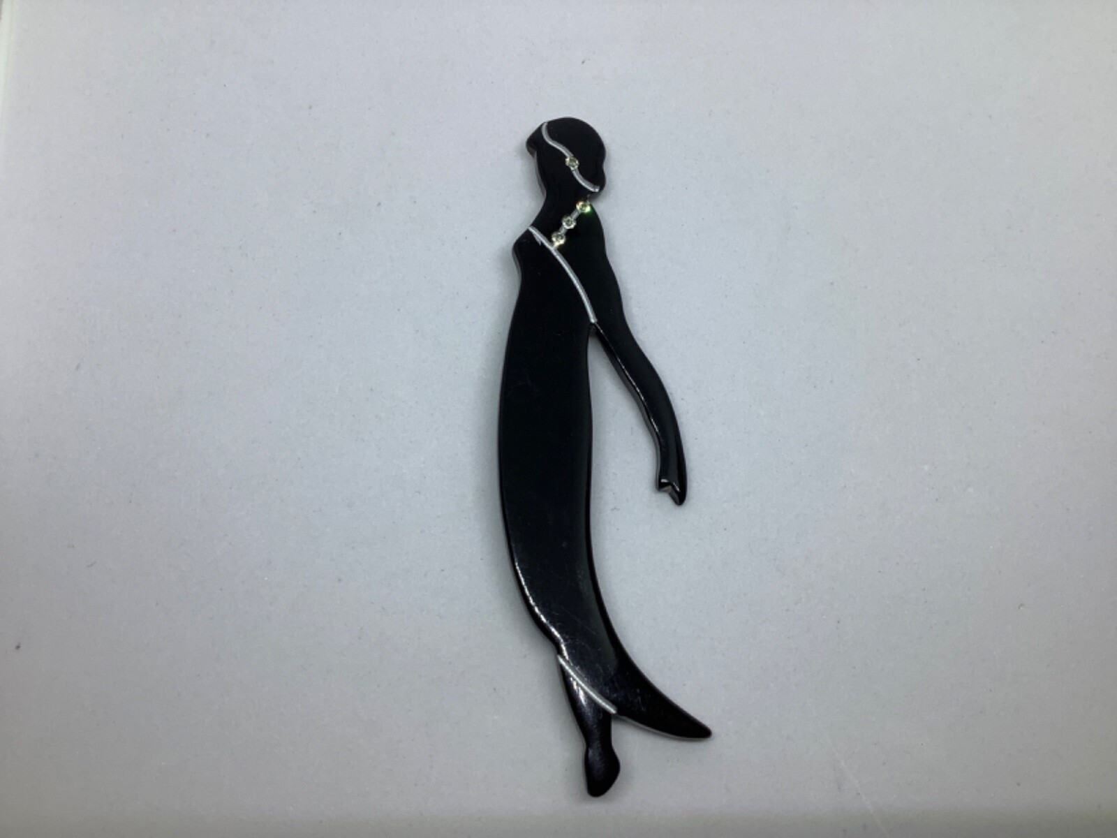 Vintage Lucite Brooch Pin Flapper Lady Black Clear Rhinestones Large 4 inch